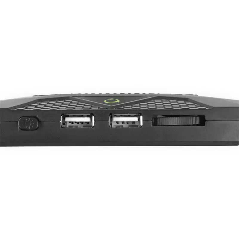 Aušintuvas nešiojamam kompiuteriui ESPERANZA EGC107 — 3 ventiliatoriai 1200–2600 RPM, 390×255×38 mm, USB PD, RGB, 5 aukščio padėtys, juodas