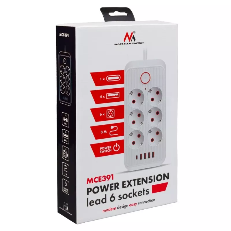 Ilgintuvas MACLEAN MCE391 W — 6 kištukinių lizdų, 4×USB-A + 1×USB-C, 3 m laidas, 110–240V, 2500W, baltas