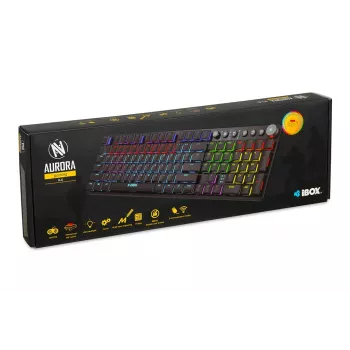Klaviatūra IBOX AURORA K-6 — pilno dydžio QWERTY, RF belaidis + Bluetooth, RGB apšvietimas, mechaniniai žemo profilio klavišai, juoda