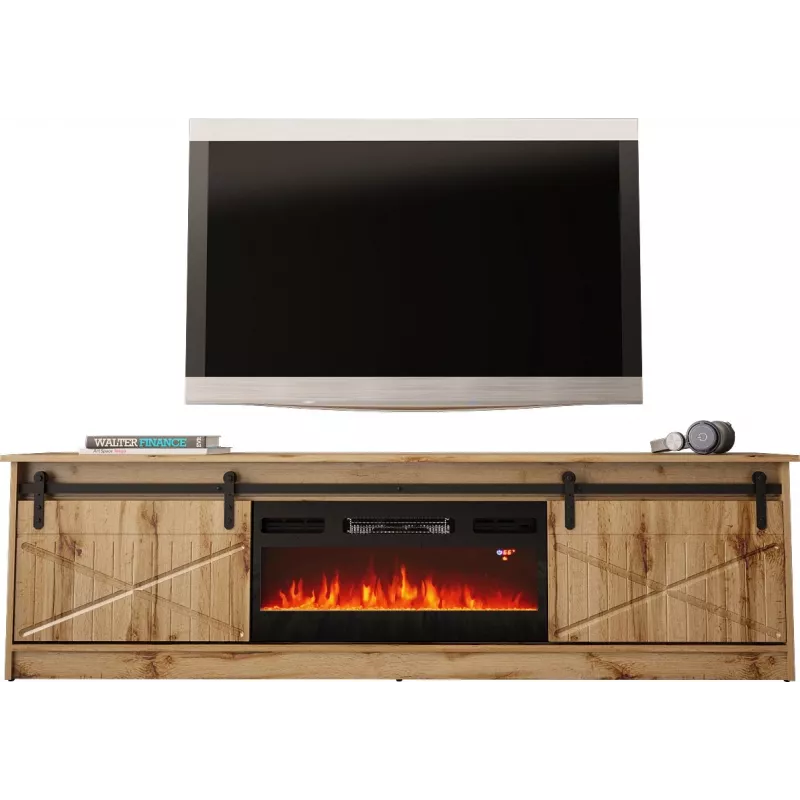 TV spintelė Cama Meble GRANERO su židinio moduliu, Wotan ąžuolas, 2000×350×567 mm, 2 durys, 2 lentynos