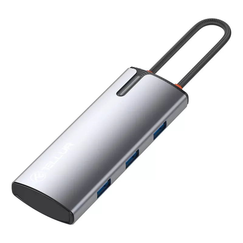 USB-C šakotuvas Tellur TLL321061 su PD 3.0 100W, HDMI išvestimi ir 3× USB 3.0 prievadais