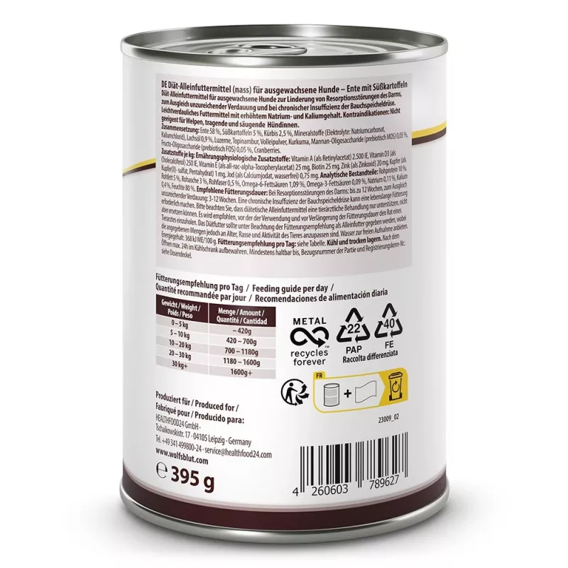 WOLFSBLUT VetLine Gastrointestinal Duck šlapias šunų ėdalas 395g