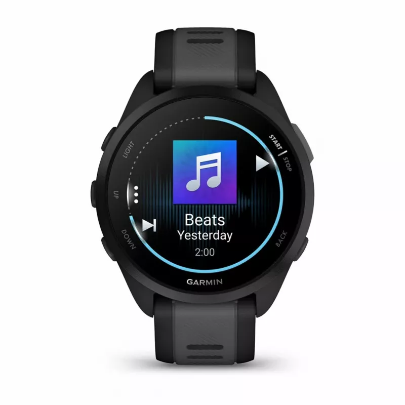 Garmin Forerunner 165 Music – Juodas – Sportinis laikrodis su silikoniniu dirželiu – Pelenų pilka – Riešo dydis: 126-203 mm – Ekranas 3 cm (1,2 colio) (010-02863-30)