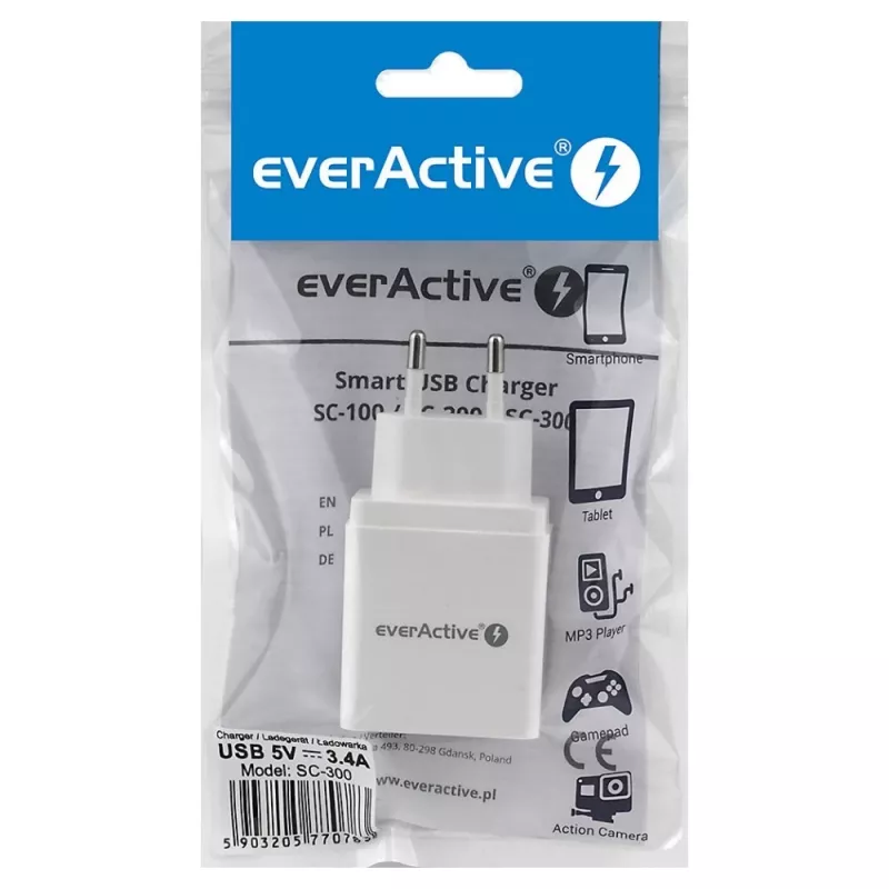 everActive SC-300 mobiliųjų įrenginių kroviklis (3x USB, 3,4A), baltas