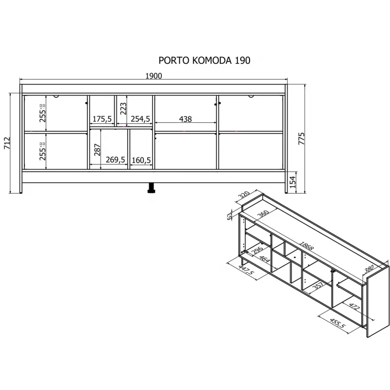 Cama PORTO 3D komoda 190x38x77 ąžuolas/juodas