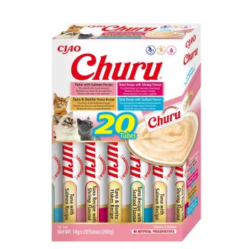 INABA Churu Variety Box Seafood šlapi kačių skanėstai — 20 vnt. × 14 g, žuvies pastelė, be grūdų, be cukraus, be glitimo