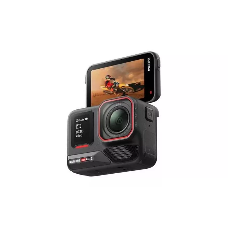 Veiksmo sporto kamera Insta360 Ace Pro 2 — 50 MP, 8K Ultra HD (7680×3272), 1/1,3 colio jutiklis, iki 240 kadrų/s, įmontuotas ekranas, Wi‑Fi, MicroSD, 177,7 g, juoda