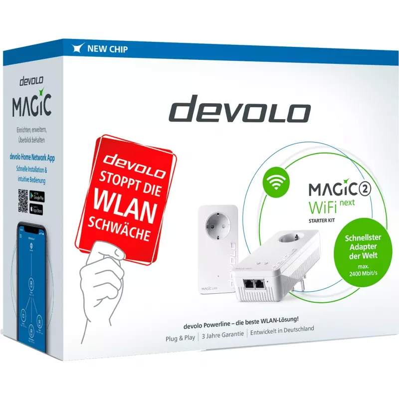 devolo Magic 2 WiFi next Powerline Starter Kit: 1x devolo Magic 2 WiFi next adapteris, 1x devolo Magic 2 LAN adapteris