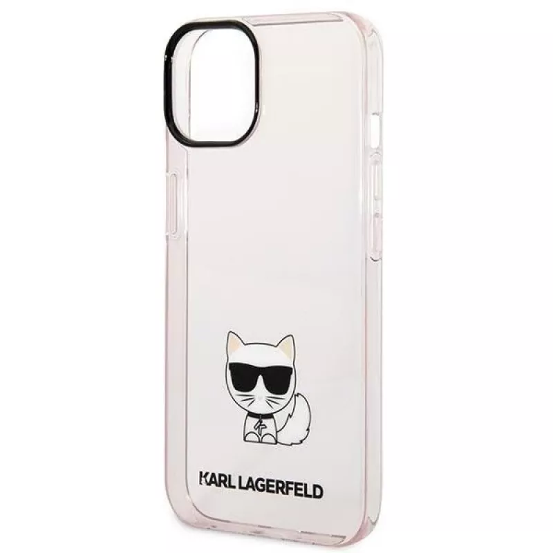 Karl Lagerfeld KLHCP14MCTRI Kietasis dėklas iPhone 14 Plus / 15 Plus 6,7 inch rožinis / permatomas rožinis su Choupette siluetu