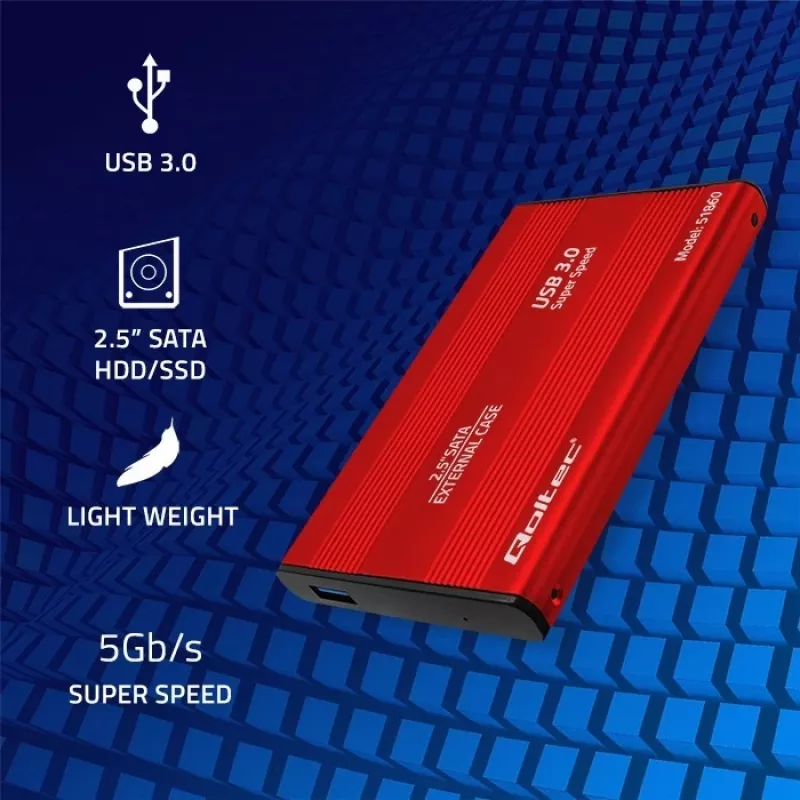 Išorinis dėklas HDD/SSD QOLTEC 51860 2.5 colio SATA III, USB Type-A, 5 Gbit/s, aliuminis, raudonas