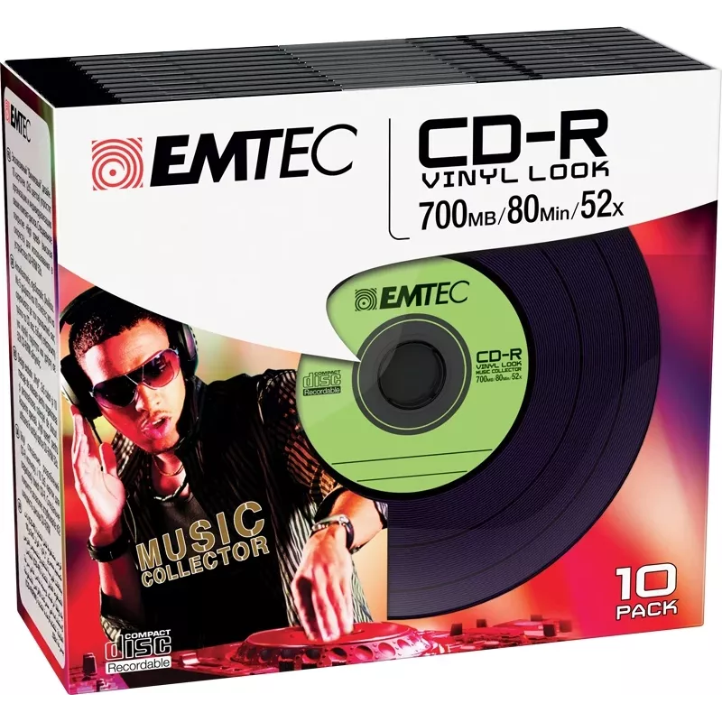 EMTEC Vinyl Look - 10 vnt. CD-R - 700 MB (80 min) 52x - mėlyna, geltona, alyvinė, žalia, rožinė - plonas jewel dėklas