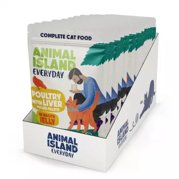 Šlapias ėdalas katėms animal island Everyday Paukštiena ir kepenėlės drebučiuose multipack 12 x 85 g, suaugusioms, be glitimo ir sojos
