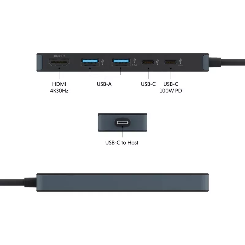USB-C stotelė HYPER HD4101BKGL — 5 prievadų (USB-C, USB 3.2 Gen1 Type-A, HDMI 4K), 5000 Mbit/s, juoda