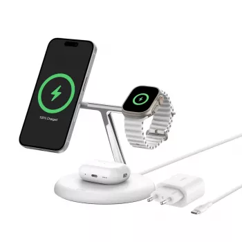Belkin BoostCharge Pro 3 viename belaidžio įkrovimo stotelė, Qi2, balta (WIZ023VFWH)