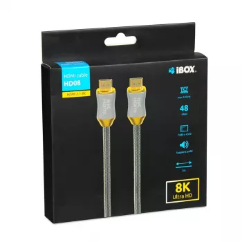 HDMI kabelis IBOX HD08 2 m, HDMI Type A kištukas–kištukas, HDMI 2.1, sidabrinis