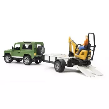 BRUDER Land Rover Defender su priekaba ir JCB mikroekskavatoriumi 8010 CTS bei statybininko figūrėle