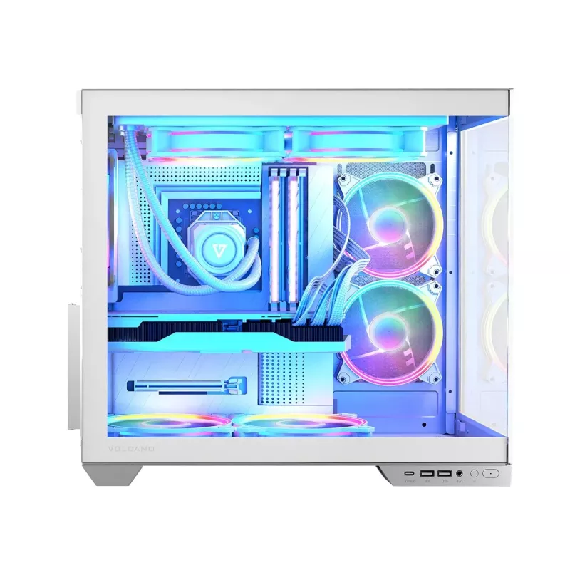 Korpusas MODECOM Volcano Panorama Midi Tower baltas – micro ATX, grūdintas stiklas, ARGB, USB-C, palaiko GPU iki 400 mm