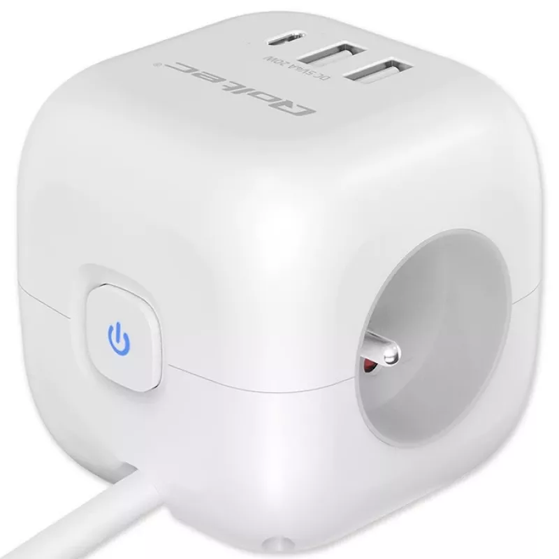 Power Cube QOLTEC 52547 maitinimo blokas 3×AC lizdai, 2×USB-A, 1×USB-C PD 20W