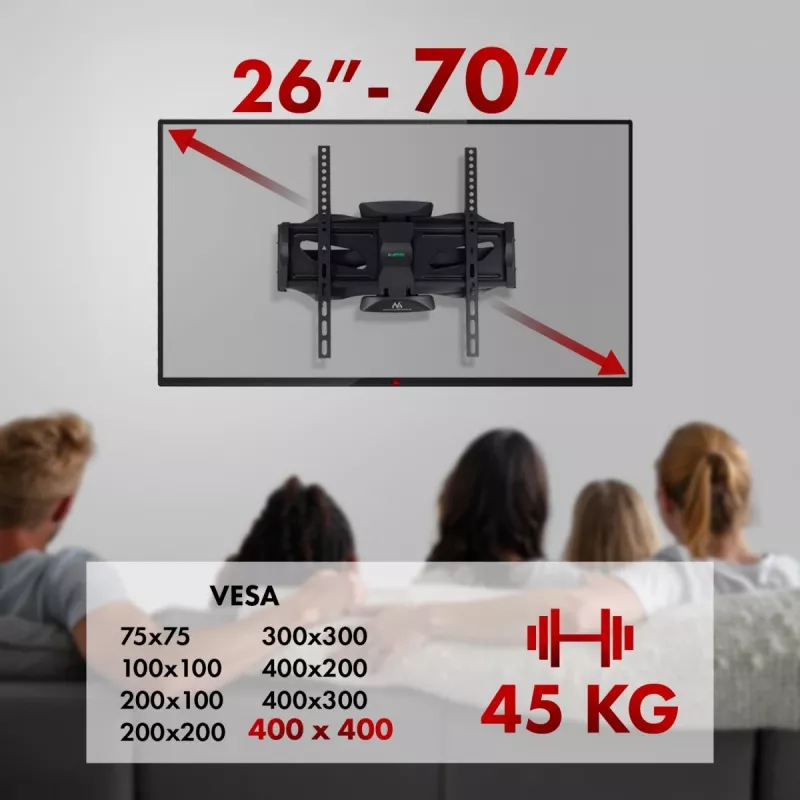 Sieninis TV laikiklis MACLEAN MC-781 66–177,8 cm (26–70 colių) ekranams, pakreipimas -12–2°, VESA 100x100–400x400, maks. apkrova 45 kg, juodas
