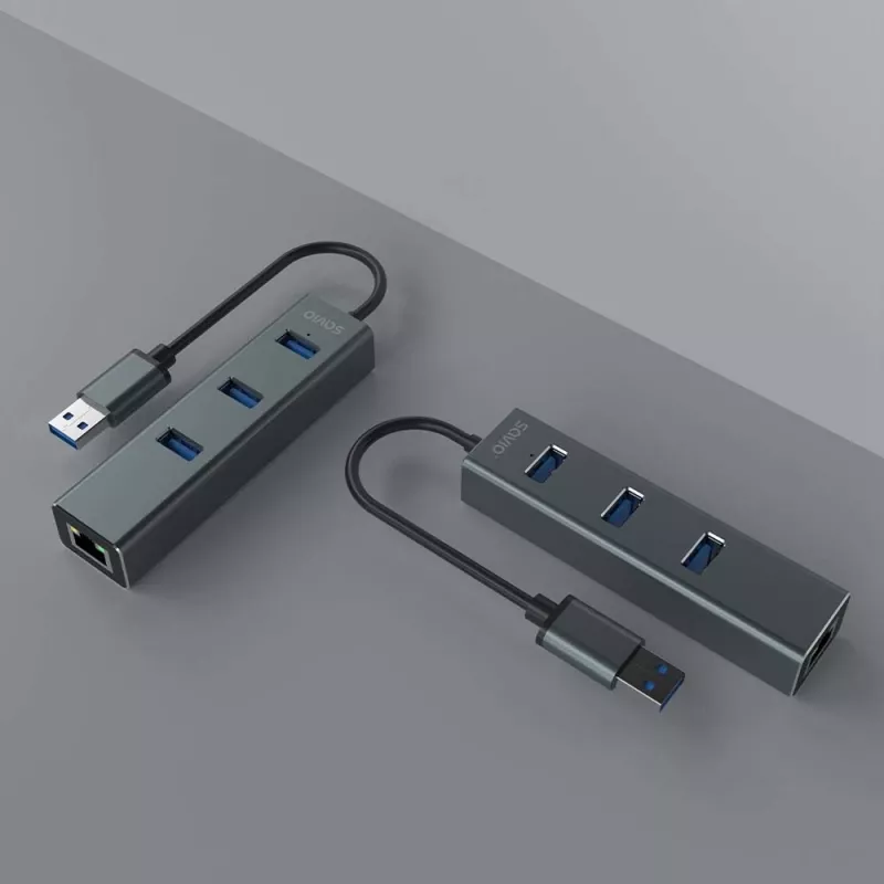 SAVIO USB-A šakotuvas su RJ-45 Gigabit Ethernet AK-57 — 3× USB-A + RJ-45, USB 3.2 Gen 1 Micro‑B prijungimas, 5 Gbit/s, 4 prievadai, pilka