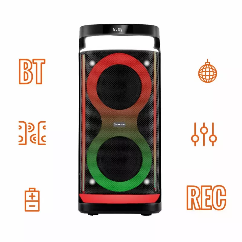 Nešiojama kolonėlė MANTA SPK0601B100, 100 W, Bluetooth, karaoke, belaidis mikrofonas, baterija, ekvalaizeris, disko apšvietimas