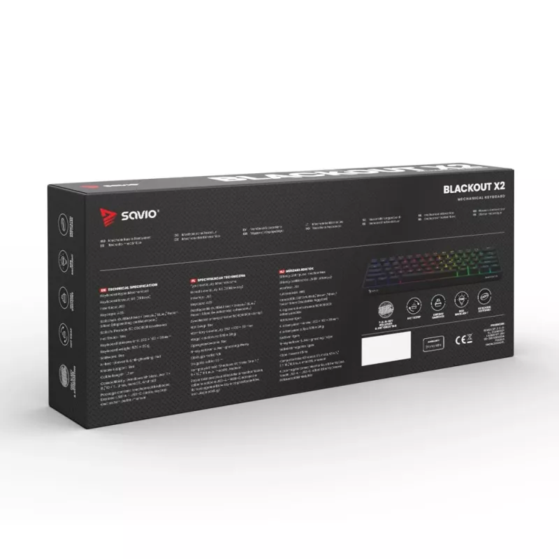 Mechaninė žaidimų klaviatūra SAVIO BLACKOUT X2 PEACH — 61 klavišų 60% QWERTY, RGB LED, hot-swap, USB Type-A/Type-C, atjungiamas kabelis