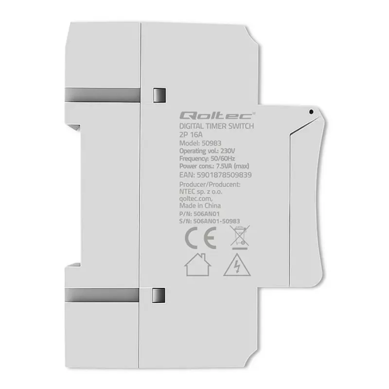 DIN bėgelio elektroninis laikmatis QOLTEC 50983, maitinamas baterija, automatikos grandinėms