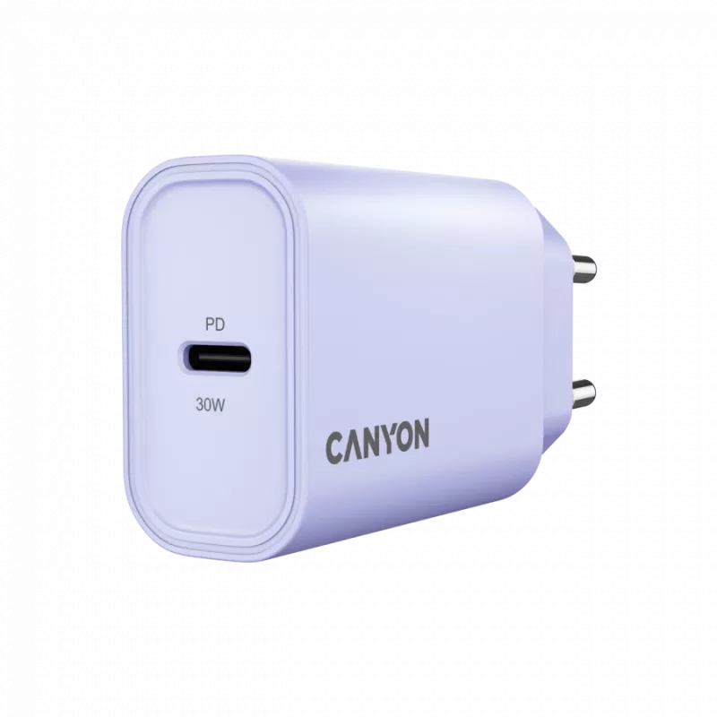 Sieninis įkroviklis CANYON OnCharge 30CL, 30W USB-C PD, 1x PD išėjimas, EU kištukas, Purpurinis