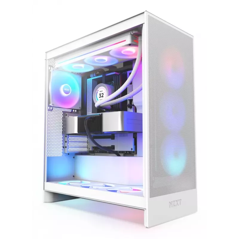 PC korpusas NZXT H7 Flow RGB Midi Tower Baltas — Grūdintas stiklas, EATX, Priekyje 3×120mm, USB-C