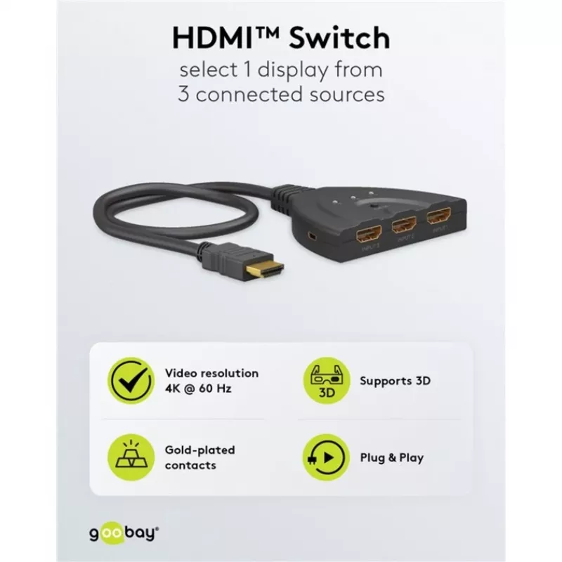 HDMI jungiklis 3 į 1 (4K @ 60Hz), juodas, su 55 cm laidu