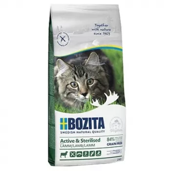 Sausas kačių ėdalas BOZITA Active & Sterilised Grain Free Lamb 2 kg – suaugusioms katėms, aukštas baltymų kiekis 33%, riebalai 20%, taurinas 2000 mg/kg