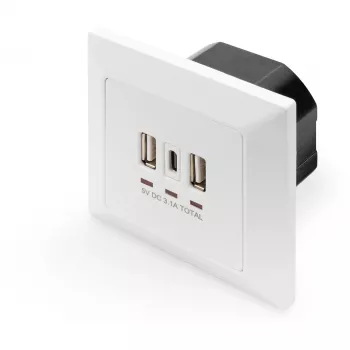 DIGITUS DA-70618 – įleidžiamas lizdas su 2 USB-A ir 1 USB-C, 3,1 A, signalinė balta (RAL 9003)