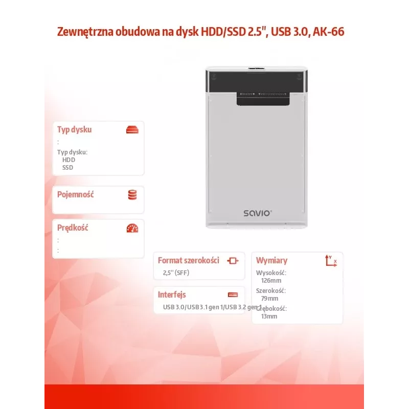 Išorinis HDD/SSD dėklas Savio AK-66 2.5 inch SATA USB 3.0