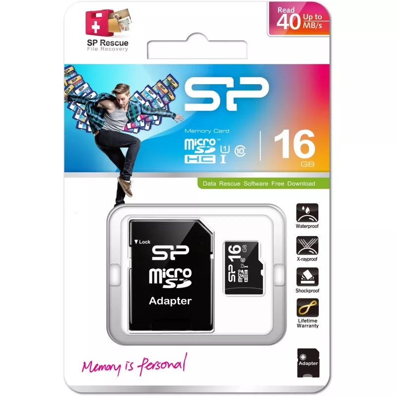 MicroSDHC atminties kortelė Silicon Power 16GB Class 10 UHS-I U1 40 MB/s, atspari vandeniui, juoda
