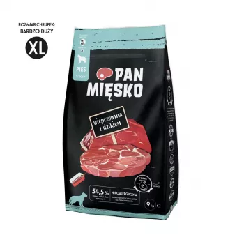 Sausas šunų maistas Pan Miesko Mr. Pork su šernu XL — 9 kg, suaugusiems didelių ir milžiniškų veislių šunims, baltymų 30%, riebalų 21%