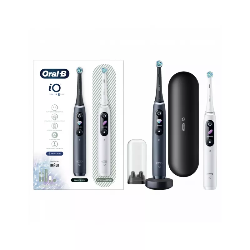 Oral-B iO8 Series Duo elektrinis dantų šepetėlis su įkrovimu, 6 režimai, 2 antgaliai, juodas/baltas