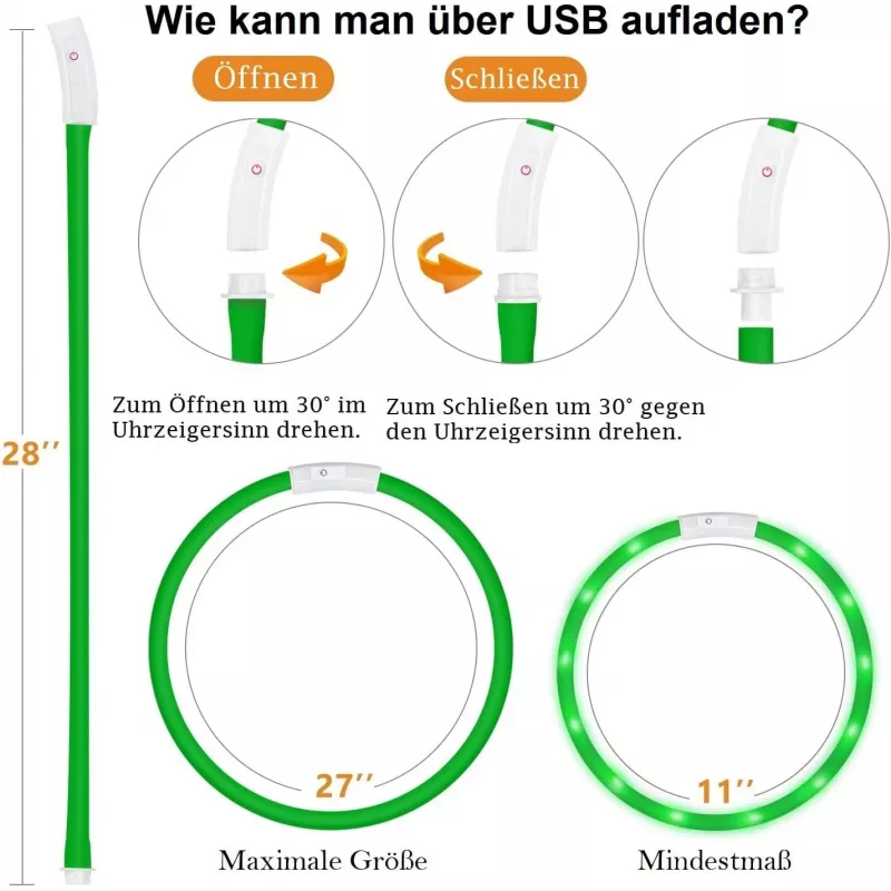 LED antkaklis Anicoll Green šunims ir katėms modelis įkraunamas apšvietimas