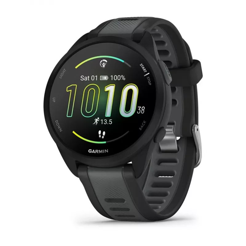 Garmin Forerunner 165 Music – Juodas – Sportinis laikrodis su silikoniniu dirželiu – Pelenų pilka – Riešo dydis: 126-203 mm – Ekranas 3 cm (1,2 colio) (010-02863-30)