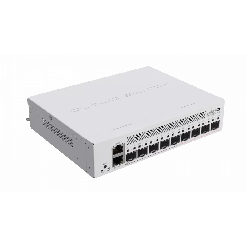 Valdomas L3 tinklo komutatorius MikroTik CRS310-1G-5S-4S+IN — 1U, 1x Gigabit, 5x SFP, 4x SFP+, 10G, DC/PoE 18–57V, 20W maks