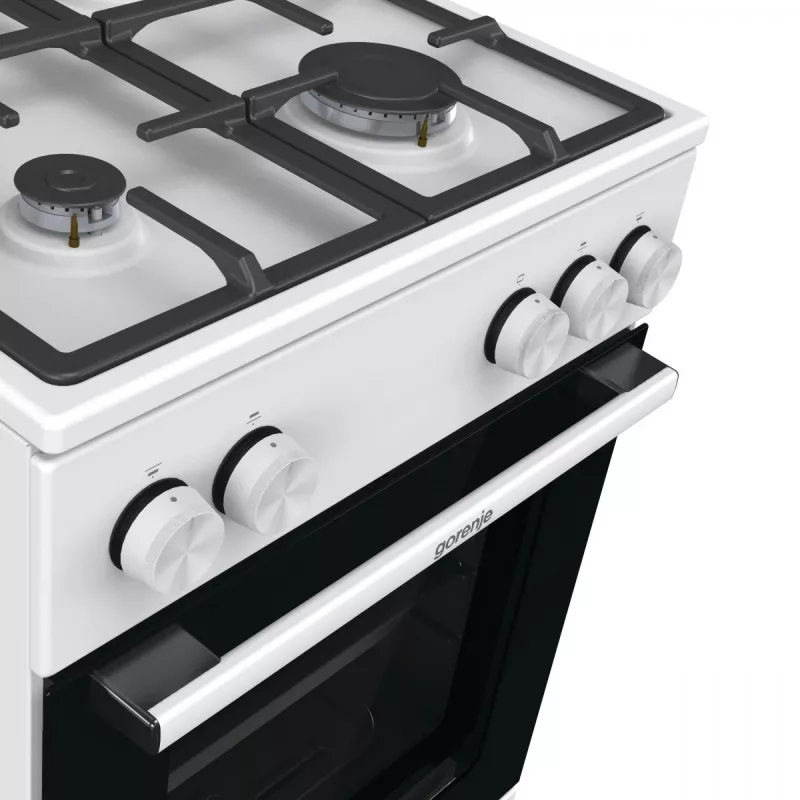 Laisvai pastatoma dujinė viryklė su orkaite Gorenje GG5A10WFFM — 4 degiklių kaitlentė, 70 L orkaitė, emaliuotas viršus, balta