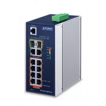 Valdomas komutatorius PLANET IGS-4215-8P2T2S — 10x Gigabit RJ-45, 2x SFP, 8x PoE+ (240W), 48–56V DC, L2/L4, IP30, DIN/sieninis montavimas