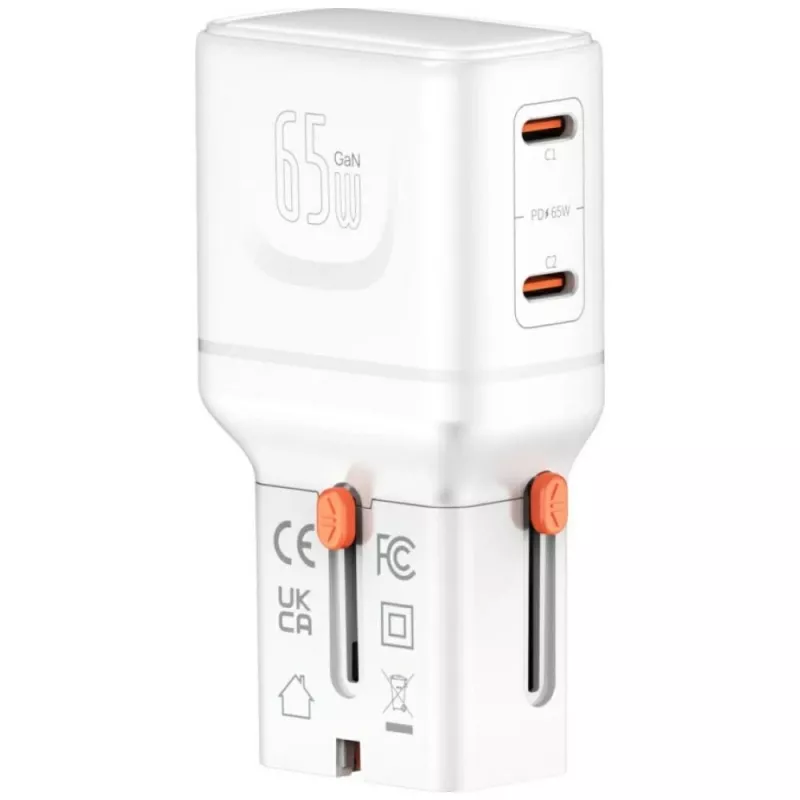 Pasaulinis kelioninis įkroviklis World 65W USB-C + USB-A baltas