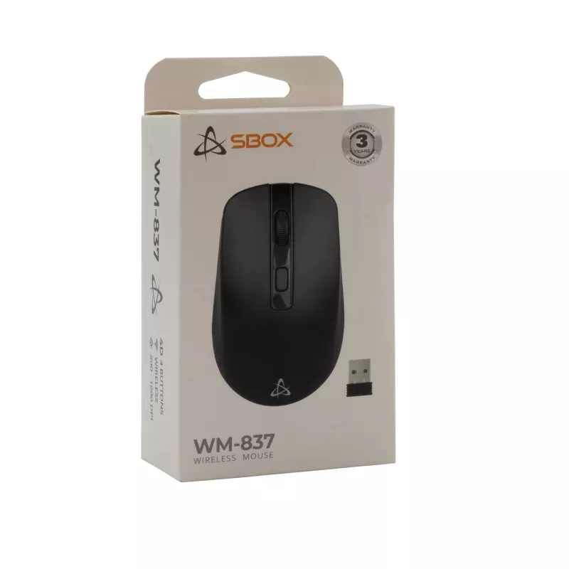 SBOX WM-837B juoda belaidė optinė pelė su USB Type-A imtuvu