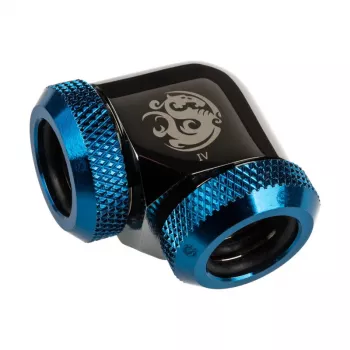 Adapteris 90° BitsPower 12 mm AD Hardtube iki 12 mm AD Hardtube, blizgus juodas/mėlynas