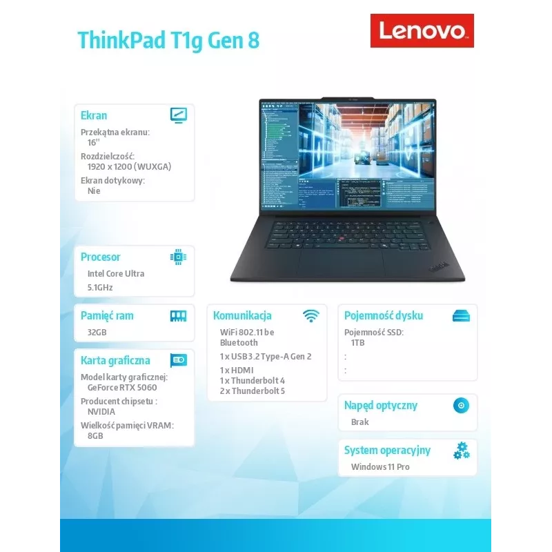 Ultrabook Lenovo ThinkPad T1G G8 255H CPU, 32 GB RAM, 1 TB SSD, NVIDIA RTX 5080 8 GB, 16,0 colio WUXGA, Windows 11 Pro