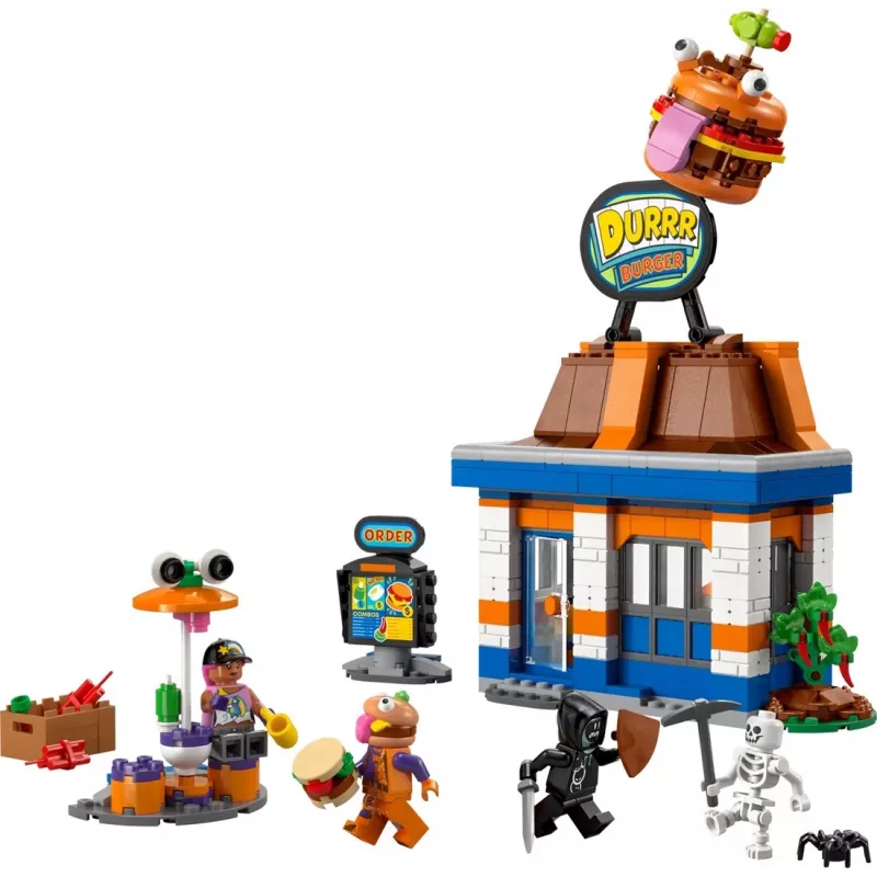LEGO FORTNITE 77076 Durrr Burger restorano statybinis rinkinys – 546 dalių, 4 minifigūrėlės, 270×180×90 mm