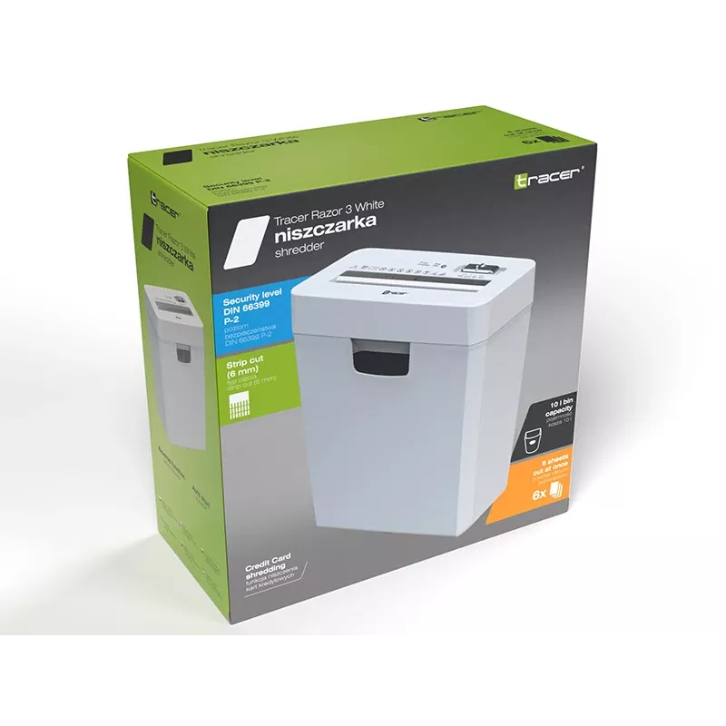 Popieriaus smulkintuvas TRACER Tracer 47584 – skersinis pjovimas 6 mm, iki 5–6 lapų, 10 L krepšelis, baltas