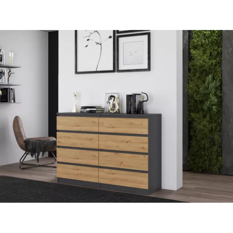 Komoda Top e shop M8 140 ANT/ART — 8 stalčių, Antracitas/Ąžuolas, 1380×400×970 mm, Medienos drožlių plokštė