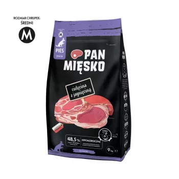 Sausas šunų maistas Pan Miesko Veršiena su ėriena Senior Crunchy M 9 kg — Pilnavertis pašaras vyresniems vidutiniams šunims, 23% baltymų, 15% riebalų