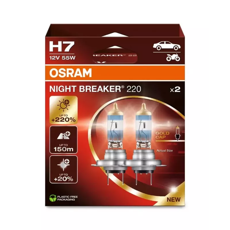 Halogeninė priekinė lemputė Osram H7 NIGHT BREAKER 220 — dviejų vienetų pakuotė (modelis 64210NB220-2HB)